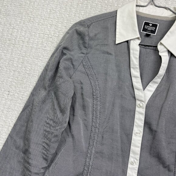 Express The Essential Womens M Long Sleeve Button Up Shirt Grey Blouse Top - Picture 3 of 14